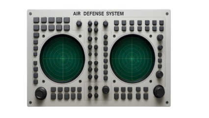 Top-Down View of Air Defense Radar Control Console with Analog Screens png
