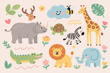 Naklejka premium Adorable Cartoon Animal Characters in Playful and Cute Style for Nursery Designs and Childhood Projects
