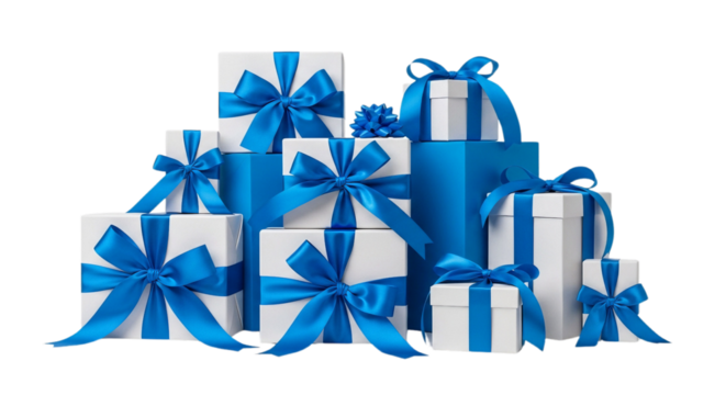 Stack of gift boxes with blue ribbons isolated PNG with Transparent Background