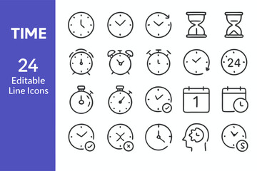 Collection of minimalist time icons in linear style for diverse design needs on a background, set of clock symbol