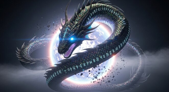 A giant mythical serpent dragon with glowing blue eyes and runes is coiled in front of a planet
