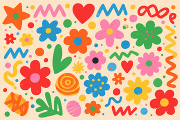 Vibrant artistic floral design featuring a collection of colorful flowers and abstract shapes with appealing retro design elements creating a lively style