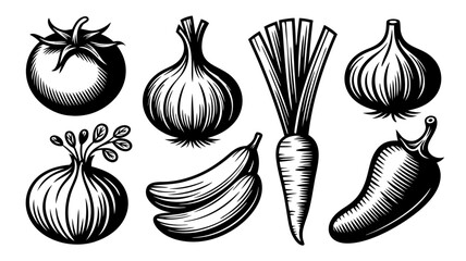 Black and white detailed illustration of various fresh healthy vegetables ideal for culinary or farming projects for commercial purposes