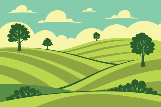 Rolling green hills with trees and clouds landscape