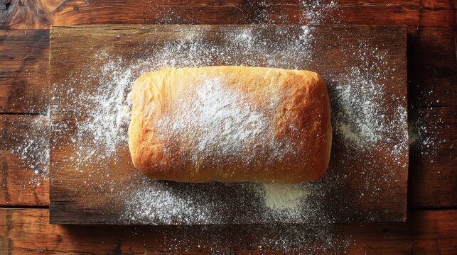 A top-down view of a freshly baked ciabatta loaf resting on a wooden board, with flour dusted around it for a rustic touch.