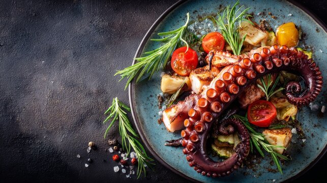 A top-down view of grilled octopus tentacles on a ceramic plate, surrounded by roasted vegetables and herbs for a Mediterranean-style presentation