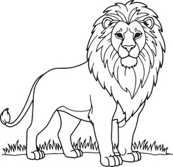 Fototapeta premium Elegant lion line art illustration, full body with thick mane, confident pose, children’s coloring book style.