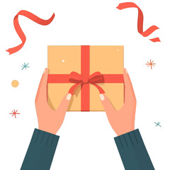 Hands Holding Gift Box With Red Ribbon