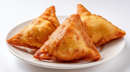 High-quality photo of indian special traditional street food punjabi samosa in plate on white background.