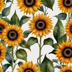 Seamless Sunflower Pattern with Green Leaves on White Background