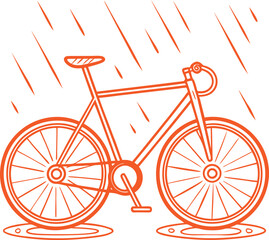 Fototapeta premium Orange bicycle with spokes parked in puddles during rain shower bike