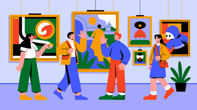 Art gallery exhibition scene with visitors admiring paintings, artistic illustration, bright colours and flat design style