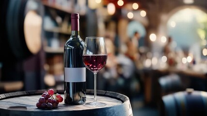 Sophisticated wine vessel: full bottle, blank label, oak barrel, vaulted ceiling, aged aroma, grape origin, rustic charm, dark glass, vintage blend, cellar light, noble taste, rich bouquet,