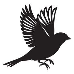 Silhouette of a small bird with outstretched wings in mid flight against a white background