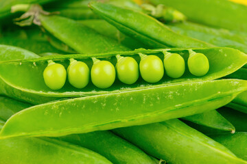Close-up of fresh green peas in open pod with leaves