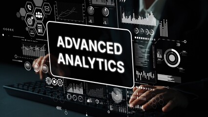 Advanced Analytics Technology Interface with Hands on Keyboard for Data Visualization and Strategic...