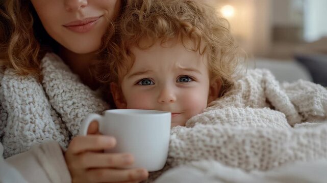 Charming toddler glimpse: mild cold, red nose, fuzzy scarf, soothing tea, tiny yawn, cozy seat, tender gaze, warm smile, caring look, peaceful breath, comfy pillow, soft murmur, healing vibe