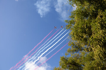 Military and emergency services aircraft flying in the military parade on October 12. Madrid, Spain.