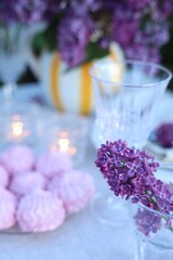 Beautiful lilac flowers, zephyrs and glass on table in garden, closeup. Space for text