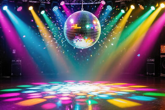 A dazzling and vibrant disco setup, featuring colorful lights that beautifully illuminate a shiny mirror ball