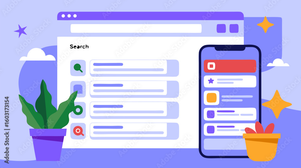 Poster digital interface design for website and mobile app featuring search and information display in styl