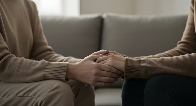 Close-up shot of two people holding hands, comfort, support, empathy, soft lighting, shallow 
