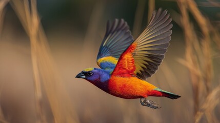 Obraz premium A vibrant image of a colorful bird in flight, with its vivid feathers contrasting against a natural backdrop, highlighting the beauty and vividness of the bird.