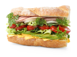 Tasty baguette sandwich with ham, cheese and vegetables isolated on white