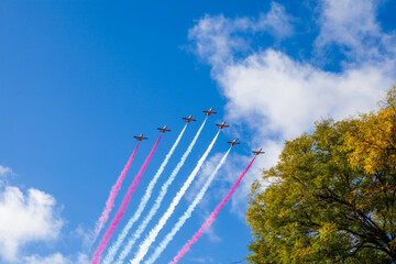 Military and emergency services aircraft flying in the military parade on October 12. Madrid, Spain.