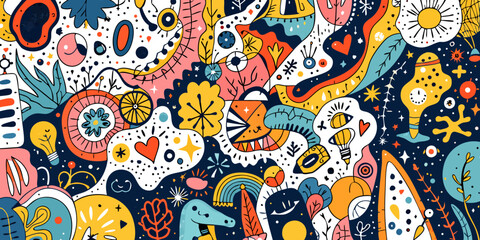 Naklejka premium Abstract hand-drawn illustration of colorful and vibrant surreal art design with multiple shapes and forms illustration