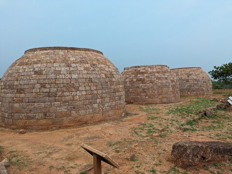An image of the campus of the over 2,000-year-old Thotlakonda Buddhist Monastery, showing viharas, chaityas, a stepwell, etc., in the city of Visakhapatnam in Andhra Pradesh, India.