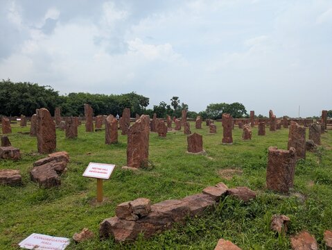 An image of the campus of the over 2,000-year-old Thotlakonda Buddhist Monastery, showing viharas, chaityas, a stepwell, etc., in the city of Visakhapatnam in Andhra Pradesh, India.