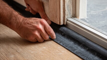 High-quality photo of hand installing self adhesive rubber weatherstripping at door threshold, ensuring tight seal for energy efficiency.