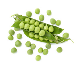 Fresh green peas in pods isolated on white, top view