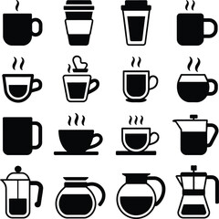 Obraz premium Collection of coffee cup and coffee maker silhouettes isolated on white background
