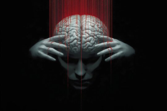 Hands hovering over a brain like a puppet, connected by red strings. Depicts gaslighting concept. Brain upside down on black background