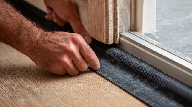 High-quality photo of hand installing self adhesive rubber weatherstripping at door threshold, ensuring tight seal for energy efficiency.