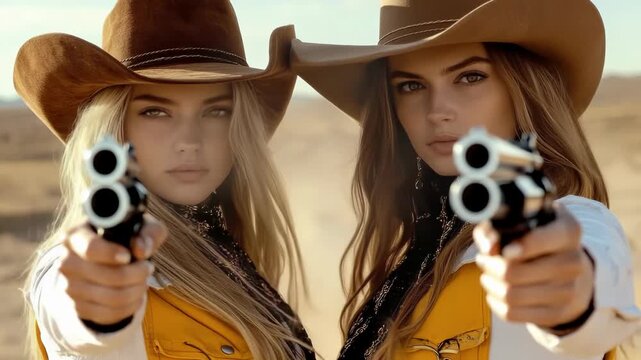 Two cowgirls stand confidently in a wild west setting, aiming their guns at unseen opponents. The golden hour casts a warm glow, highlighting their determined expressions and western attire