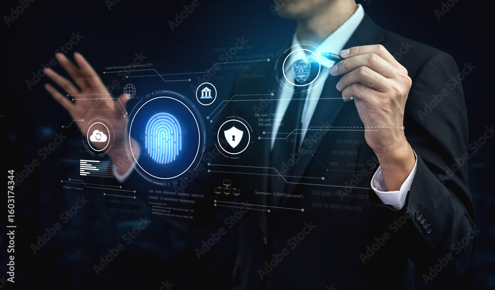 Poster biometric identity system using fingerprint and facial recognition to secure cloud access, protect s