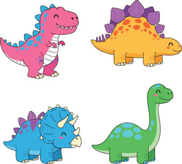 Cartoon dinosaur set with pink, orange, blue, green dinosaurs, smiling expressions, cute prehistoric animals, vector illustration, isolated on white