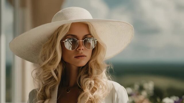 elegance portrait, Caucasian woman wearing white wide brim hat with sunglasses match with luxurious shirt on sunny day 