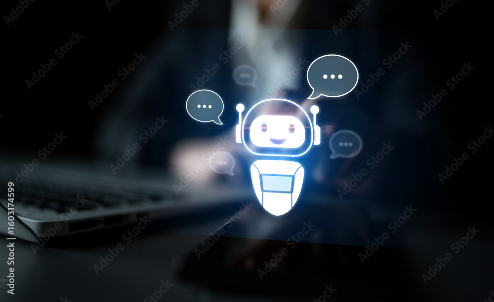 Poster ai chatbot virtual assistant interacting with users through ai conversation bubbles, symbolizing ai 