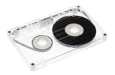 One audio cassette with magnetic tape isolated on white