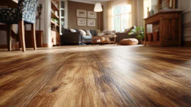 High-quality photo of low angle shot focuses on luxury vinyl plank flooring inside home. Floor wood planks create warm, cozy ambiance in house interior. Laminate parquet design.