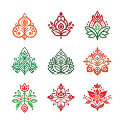 Symmetrical folk illustration set with refined line art aesthetics Color Vector illustration