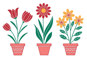 Three potted flowers in coral pots with green stems and leaves