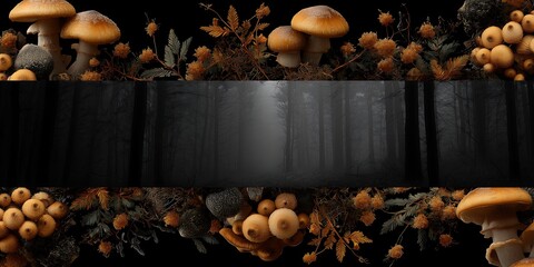 Realistic forest with edible mushrooms border on black background for mushroom hunting website hero image. Cool, soft, earthy vibes