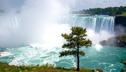 Powerful waterfall with a solitary tree