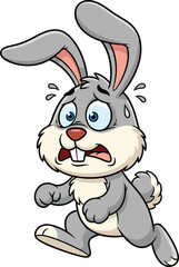 Cartoon gray rabbit running and sweating with worried expression, blue eyes, large ears, playful animal character, isolated vector illustration