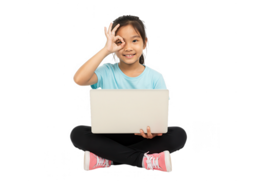 Girl with laptop making ok sign isolated on transparent background